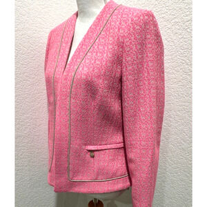 NWT Vintage Anne Klein Bright Pink Suit Jacket Tweed Sz 6 Tan Piping Blazer